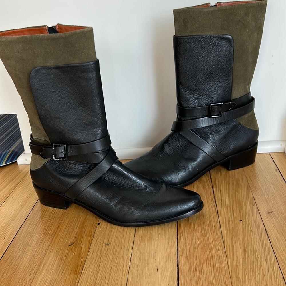 Rebecca Minkoff  Black and Green color block leather boots